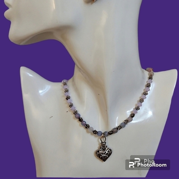 Handmade Agate Swarovski Crystal Quartz Beaded Heart Pendant Choker Necklace - Picture 1 of 7